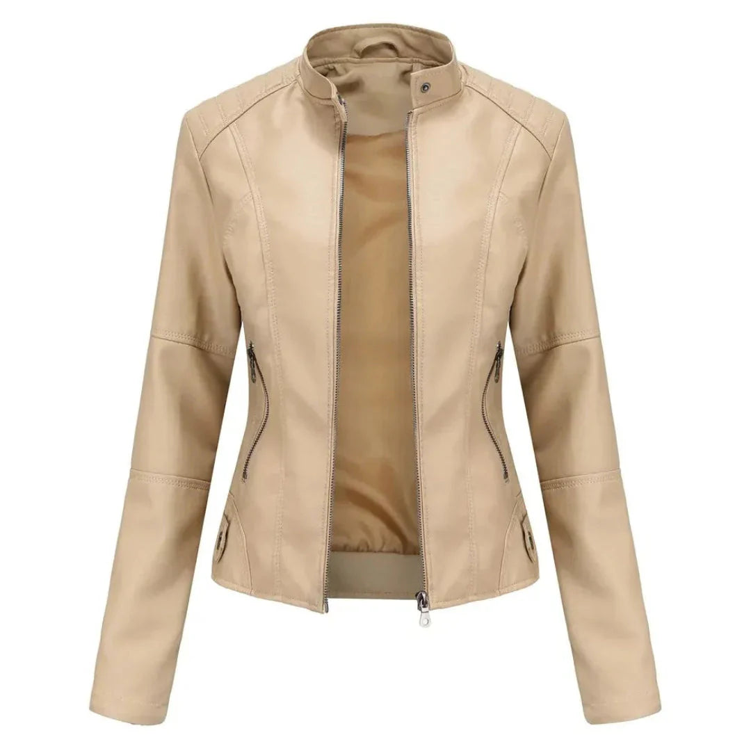 Women's black faux leather jacket mandarin collar modern zip details lightweight layering essential