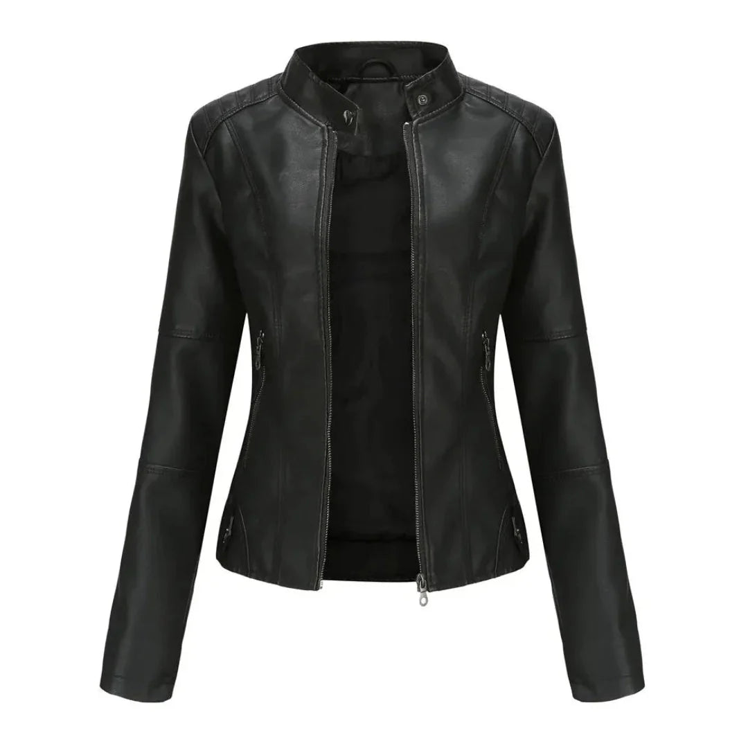Women's black faux leather jacket mandarin collar modern zip details lightweight layering essential