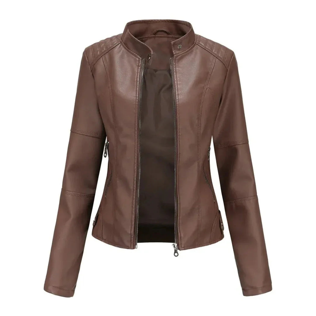 Women's black faux leather jacket mandarin collar lightweight layering essential with modern zip details