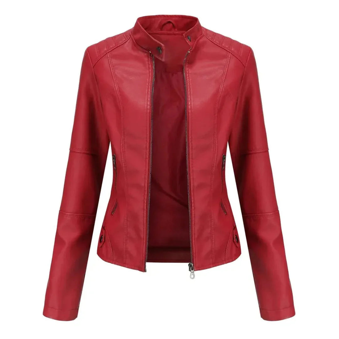 Women's black faux leather jacket mandarin collar modern zip details lightweight layering essential