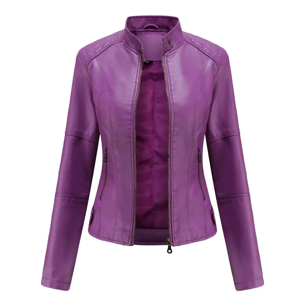 Women's black faux leather jacket with mandarin collar, modern zip details, and lightweight layering fit