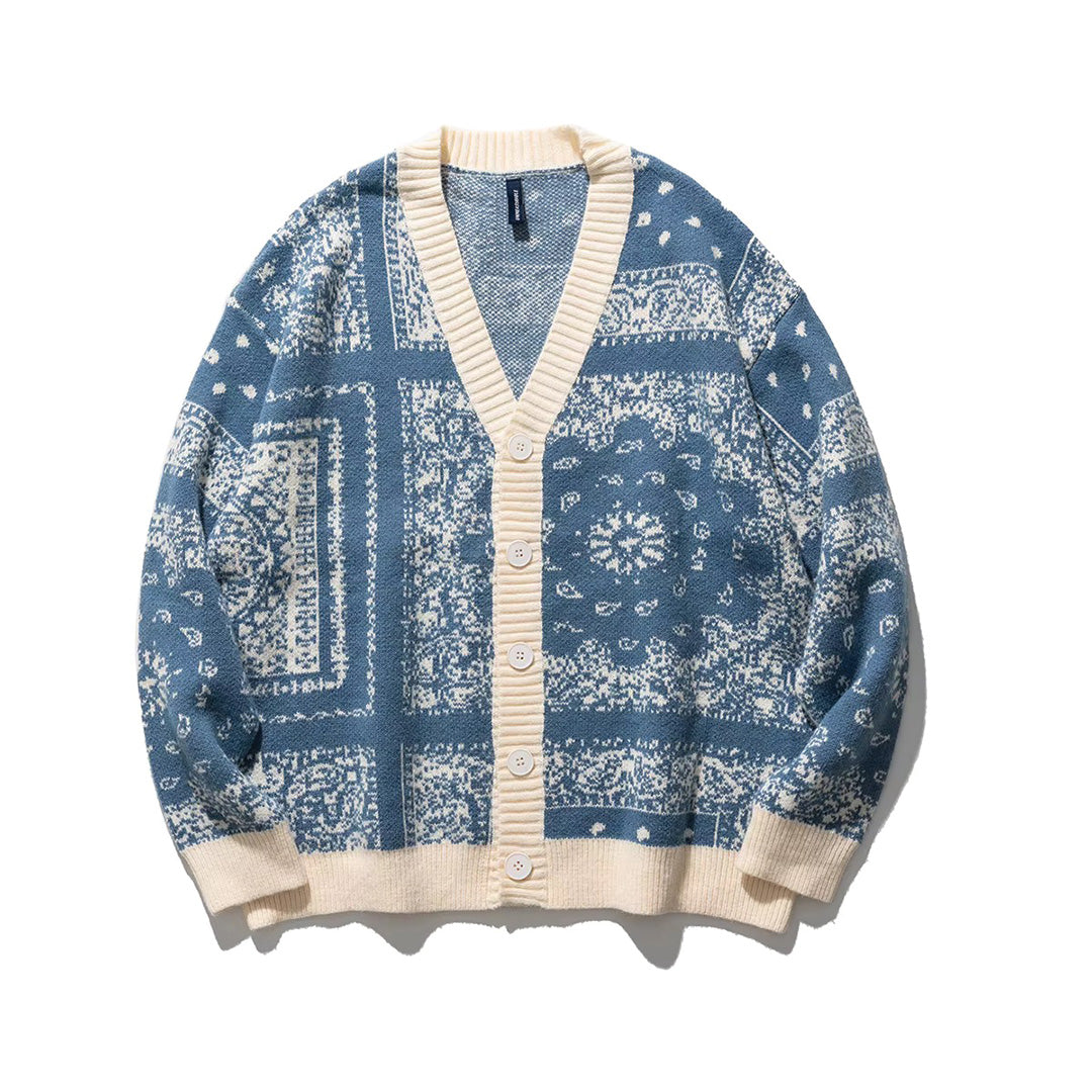 Women's floral knit cardigan open stitch cashew flower pattern vintage-inspired lightweight layer