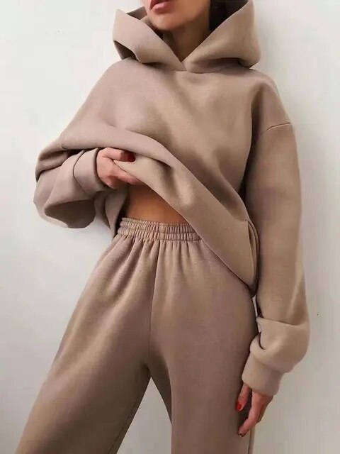 Women's beige casual two-piece lounge set with relaxed fit coordinated top and bottom for travel