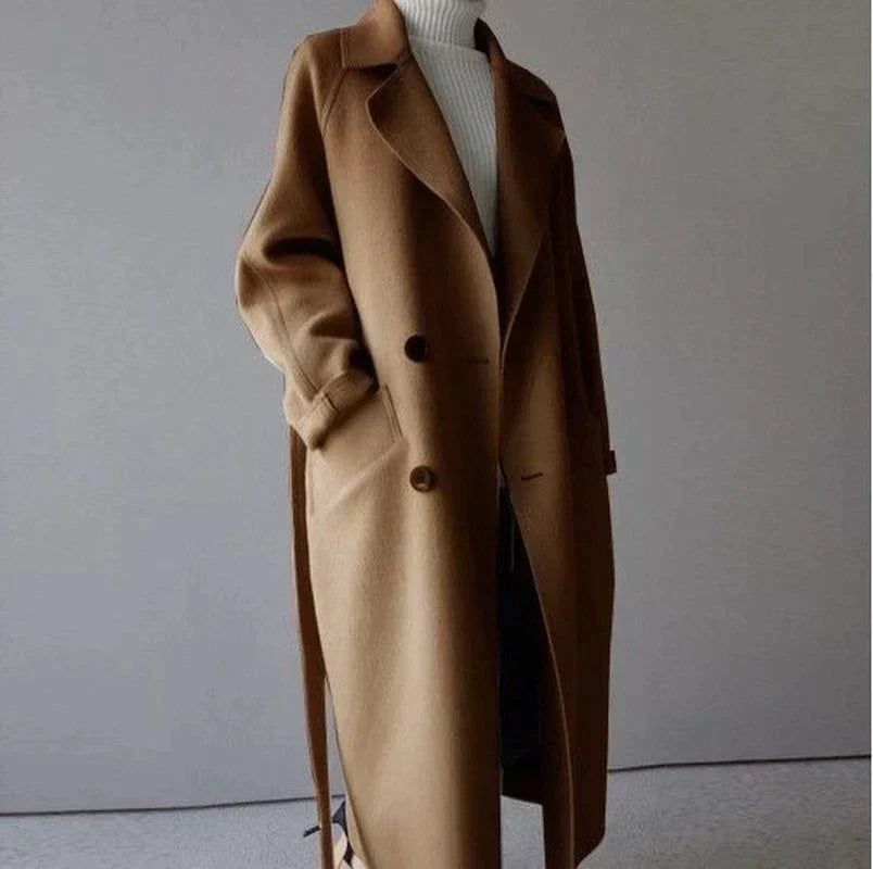 Women's double-breasted belted trench coat slim chic silhouette adjustable waist belt classic style