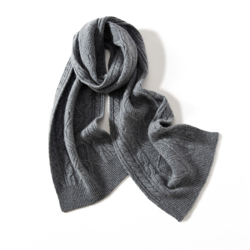 Women's ivory cashmere cable-knit scarf with generous drape and ribbed trim, luxurious winter wrap