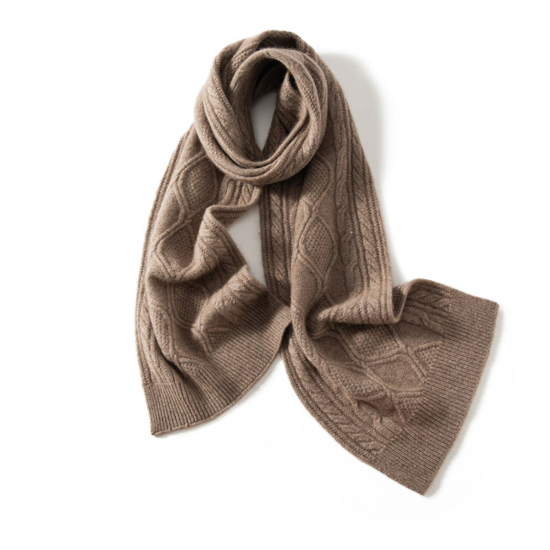 Women's ivory cashmere cable-knit scarf with generous drape and ribbed trim, luxurious winter wrap