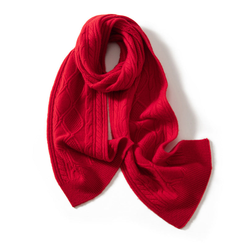 Women's ivory cashmere cable-knit scarf with generous drape and ribbed trim, luxurious winter wrap