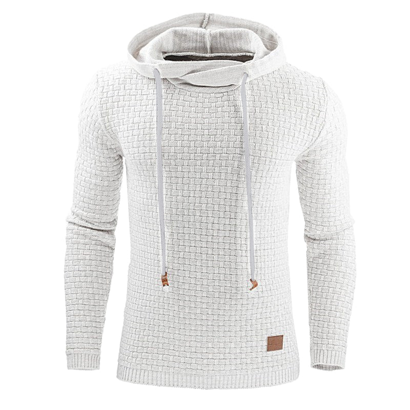 Men's waffle knit hoodie structured fit cozy textured pullover in neutral casual streetwear style