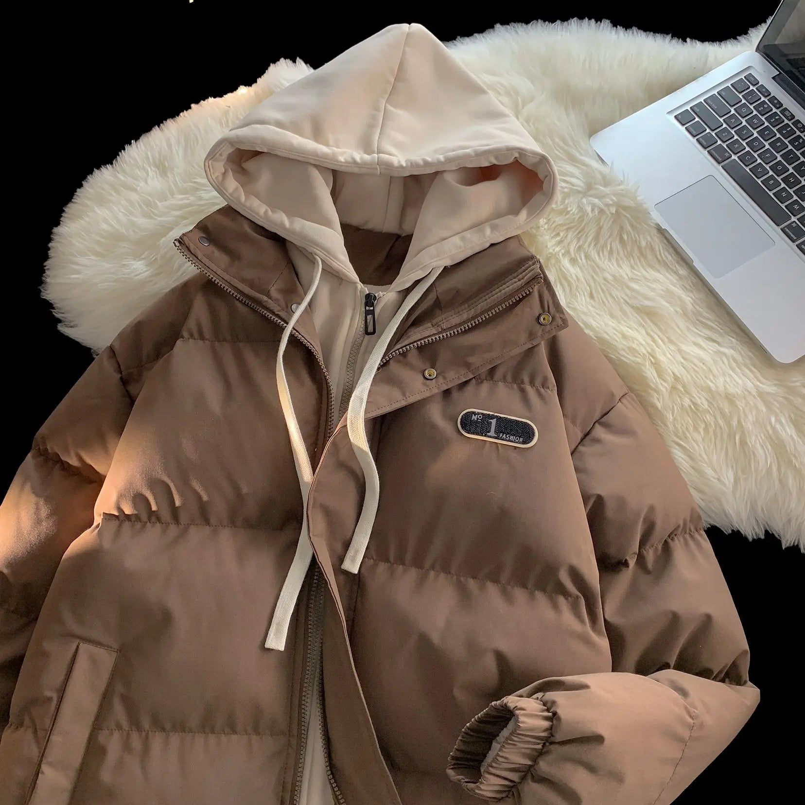 Unisex hooded winter coat warm lining Y2K splice design cold weather outdoor wear