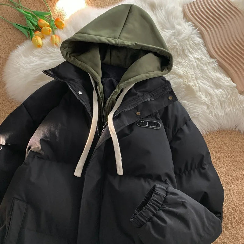 Unisex hooded winter coat warm lining splice design Y2K style cold weather outdoor jacket