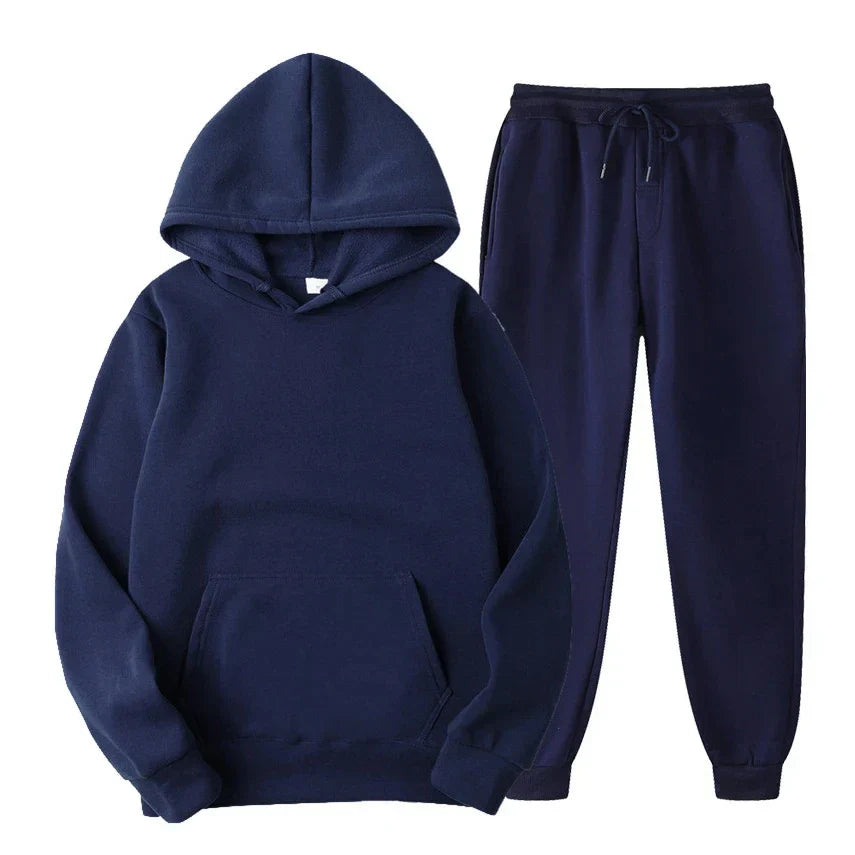 Men's winter tracksuit navy blue slim-fit long sleeve pullover and joggers moisture-wicking cold weather set