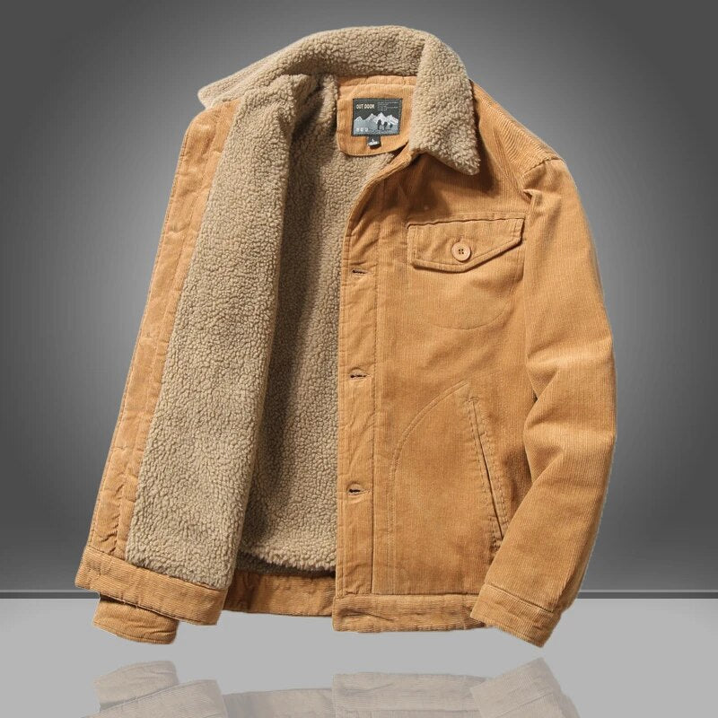 Men's relaxed fit fleece-lined winter jacket with button front and elbow patch detail