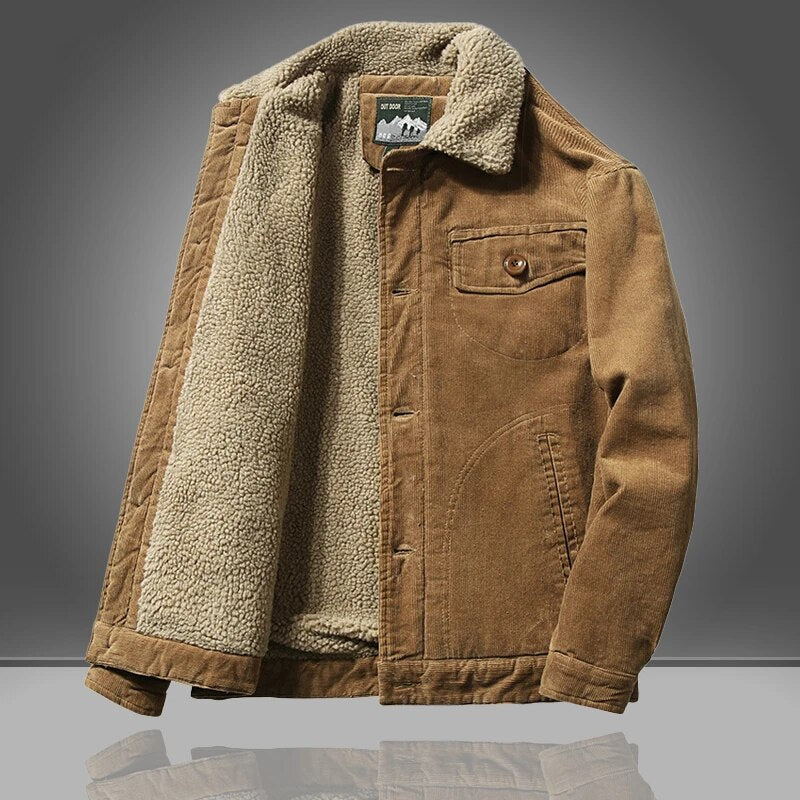 Men's relaxed fit winter jacket fleece-lined with button front and elbow patch casual outerwear