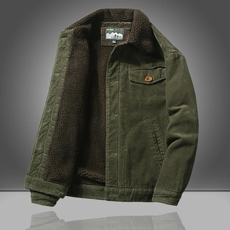 Men's relaxed fit fleece-lined winter jacket with button front and elbow patches for casual wear