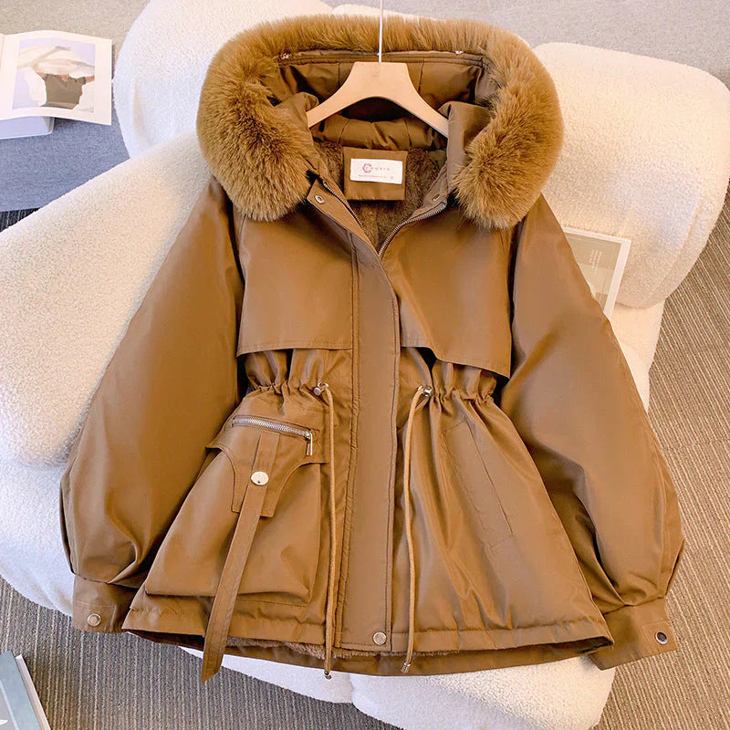 Women's olive green parka jacket water-repellent finish fur-trimmed hood adjustable waist winter coat