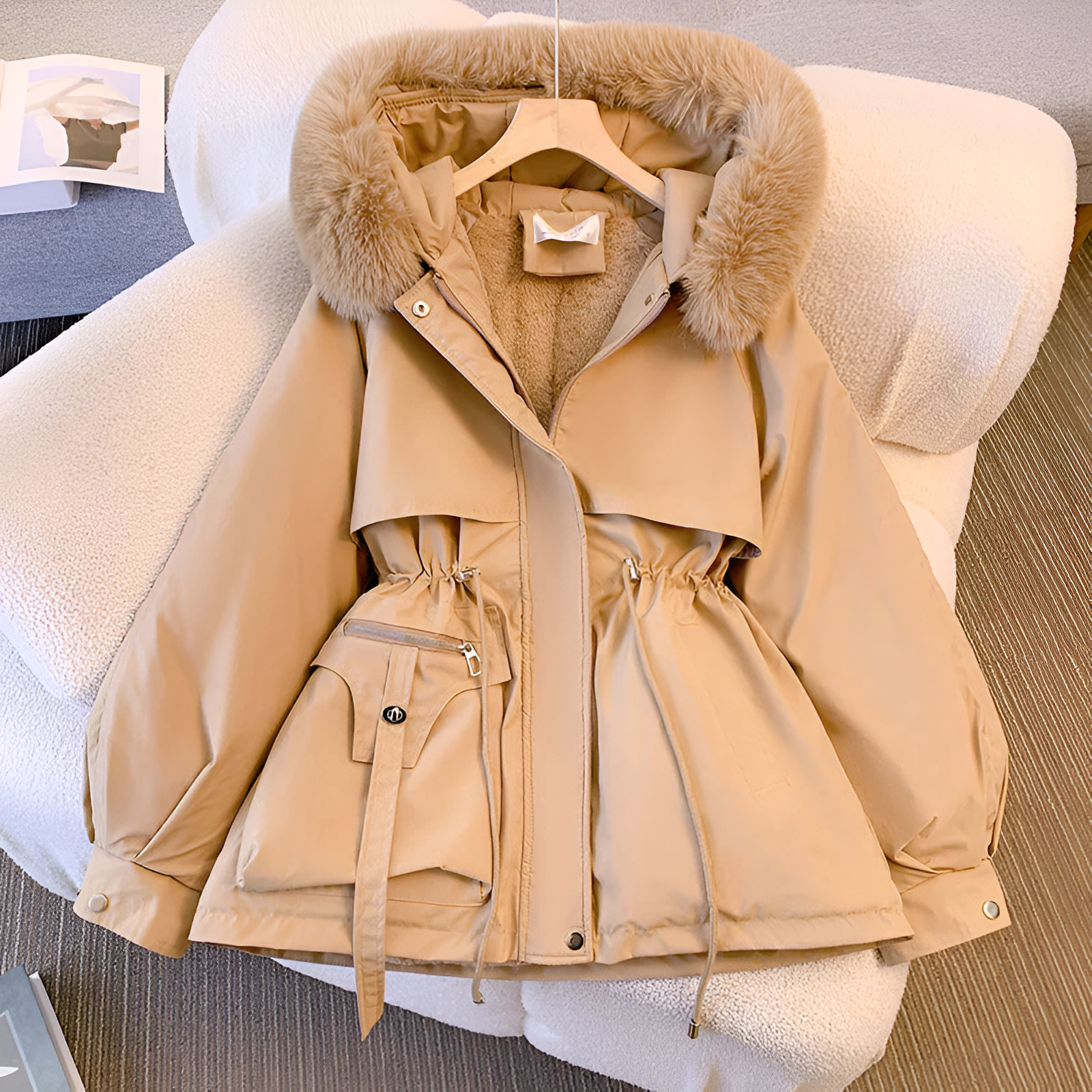 Women's hooded winter parka with fleece lining, tailored silhouette for cold weather everyday wear