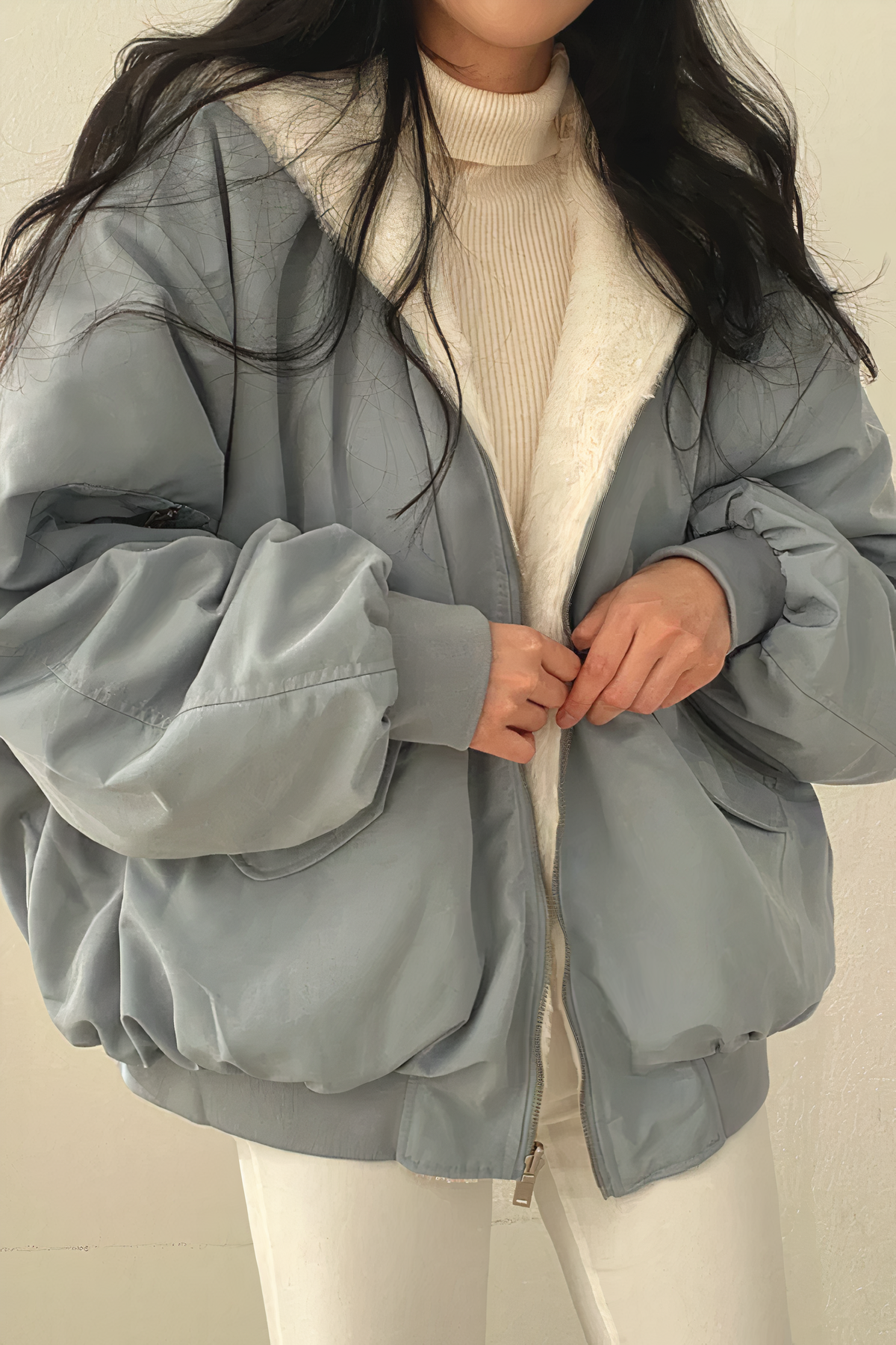 Women's oversized quilted winter coat with hood, sheepskin-lined urban puffer in neutral tone