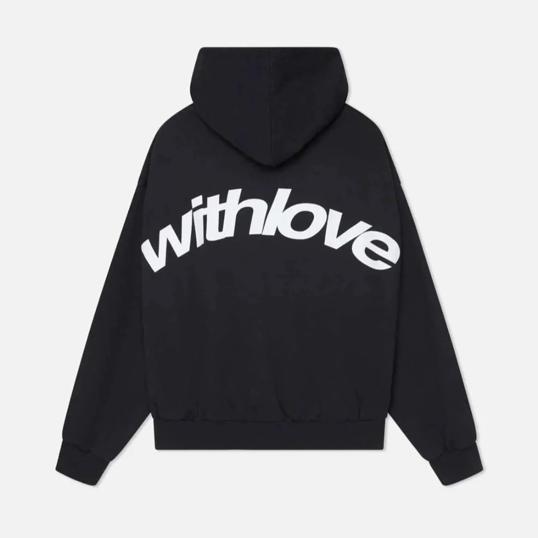 Oversized gray hoodie cozy brushed interior bold With Love front print relaxed casual fit