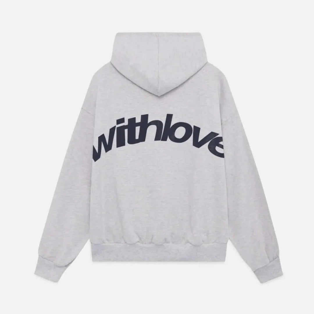 Oversized gray hoodie with bold "With Love" front print, cozy brushed interior, relaxed casual fit