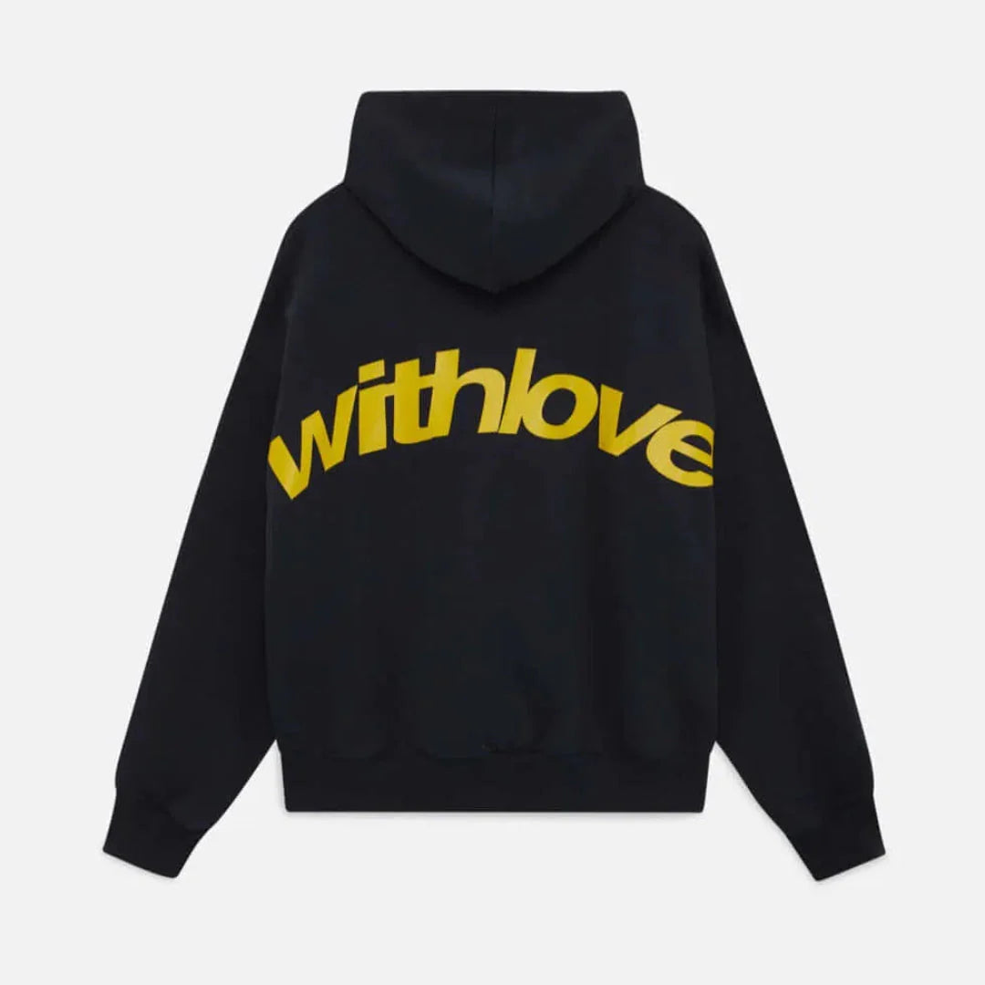 Oversized gray hoodie with bold "With Love" front print, soft brushed interior, relaxed cozy fit