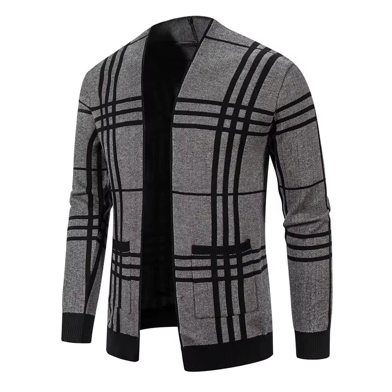 Men's plaid knit cardigan in neutral tones, open-front tailored fit with windowpane pattern cotton blend