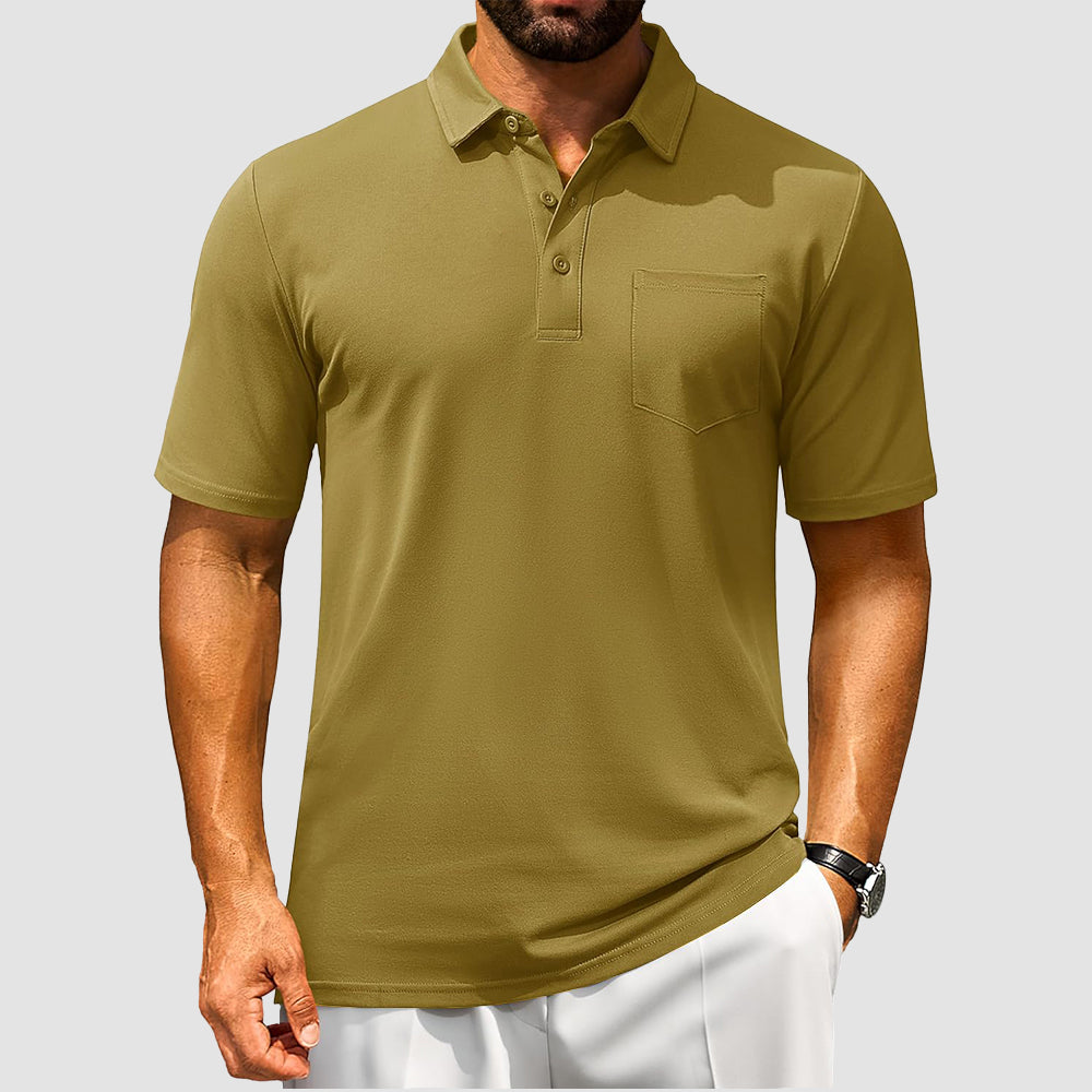 Men's breathable cotton polo shirt light blue short sleeve golf tee with chest pocket