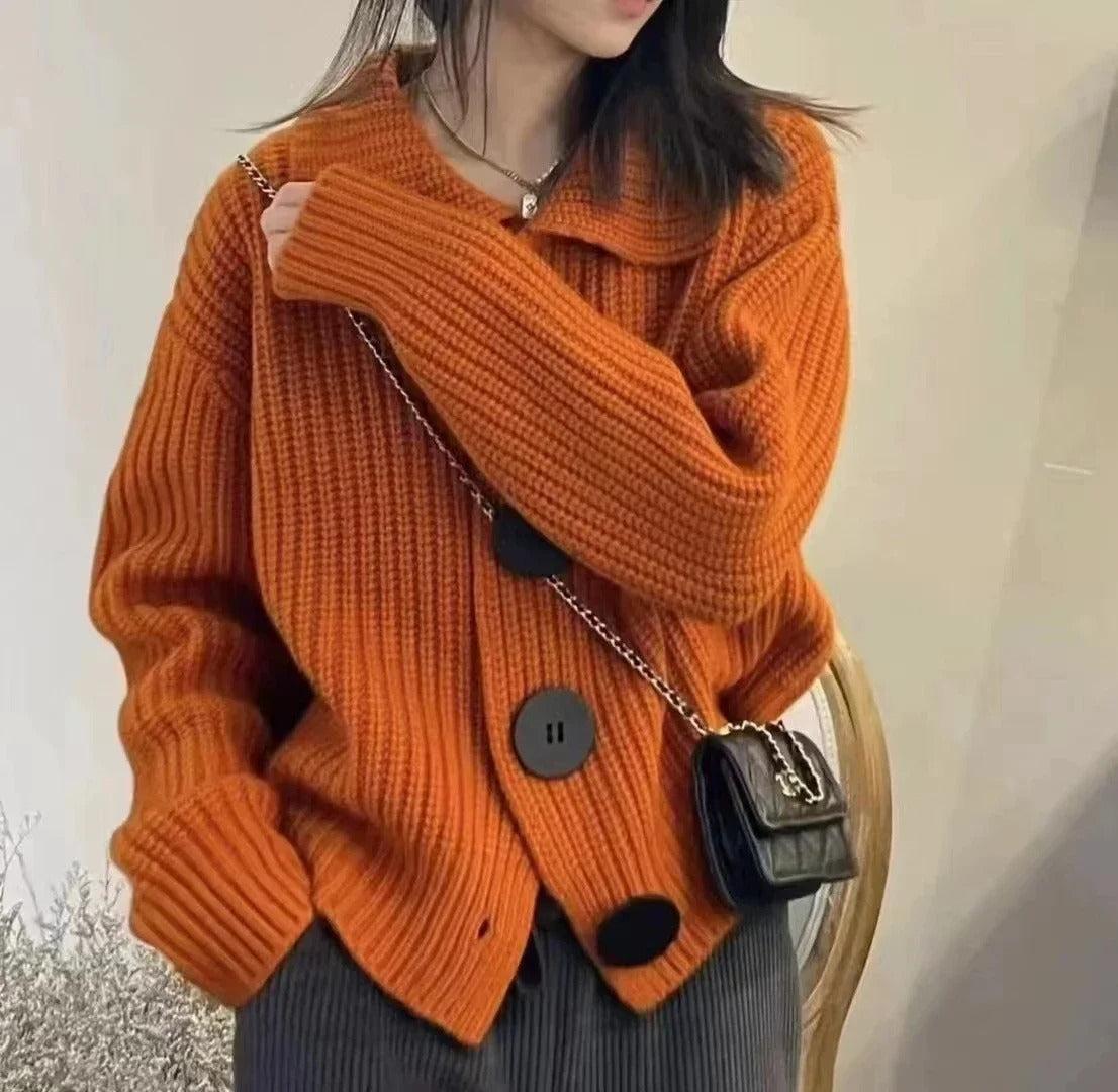 Premium wool women's sweater with button collar, cozy refined silhouette for all-season versatile wear