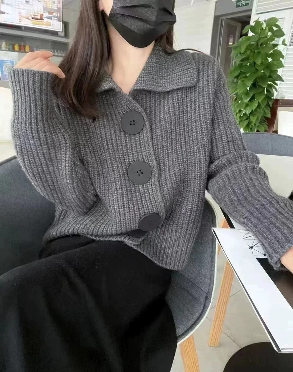 Premium wool women's sweater with button collar, cozy smart-casual fit for all-season warmth