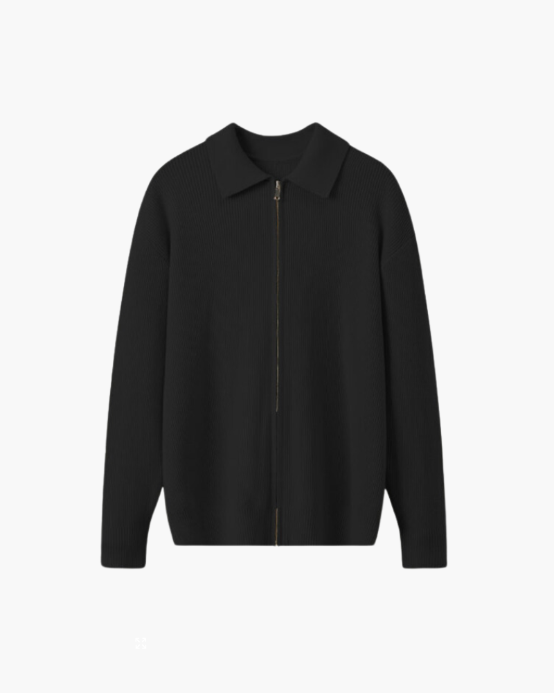 Men's wool zip-up cardigan in classic neutral tone, slim modern cut with full-length front zipper