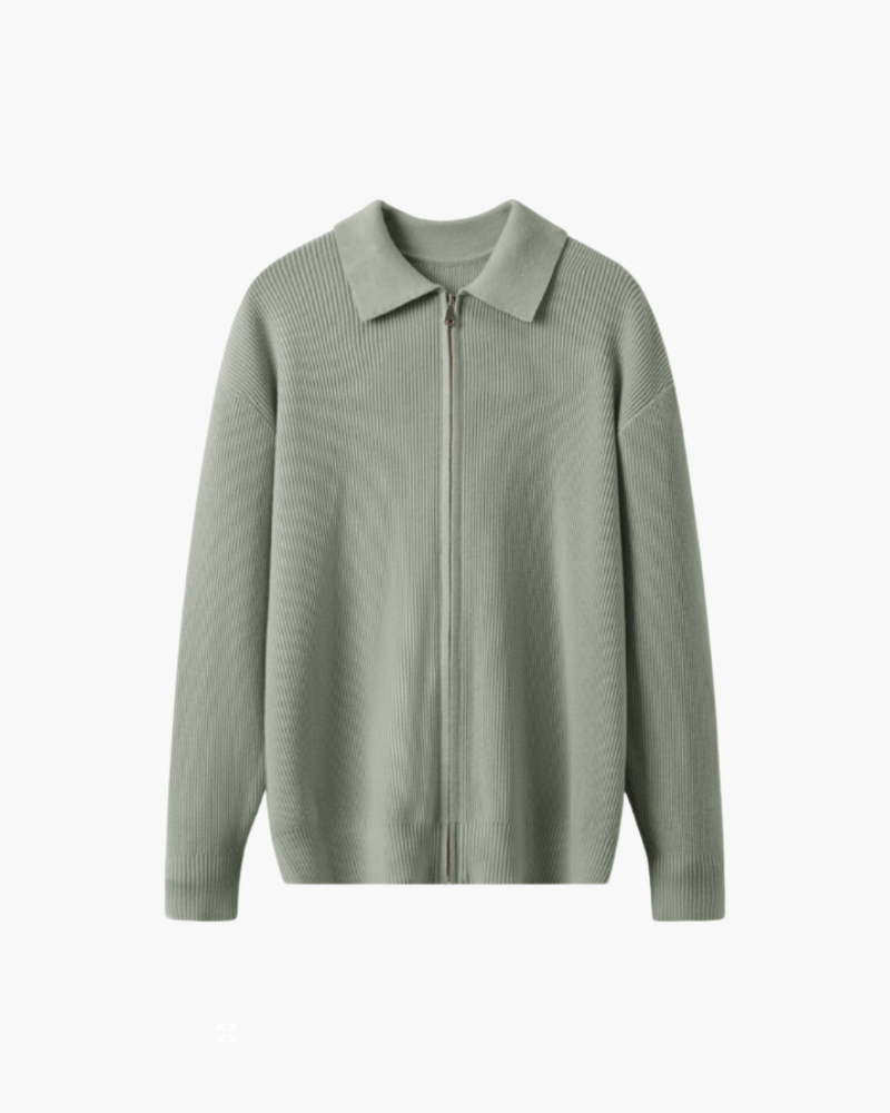 Men's wool zip-up cardigan in classic neutral tone, slim modern silhouette with full-length front zipper
