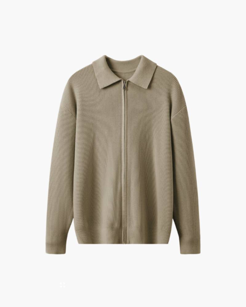 Men's wool zip-up cardigan in classic neutral tone, slim modern silhouette with full-length front zipper
