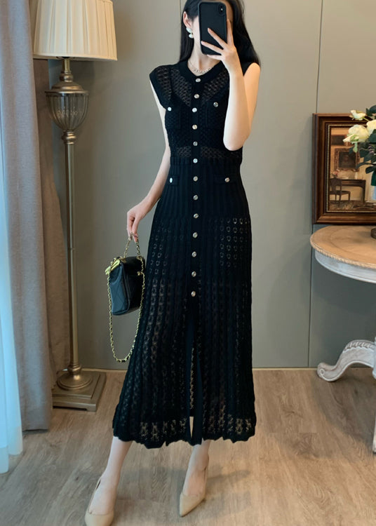 Robe longue noire ajourée en tricot à simple boutonnage et boutons sans manches pour femme - Urbann-Vibe
