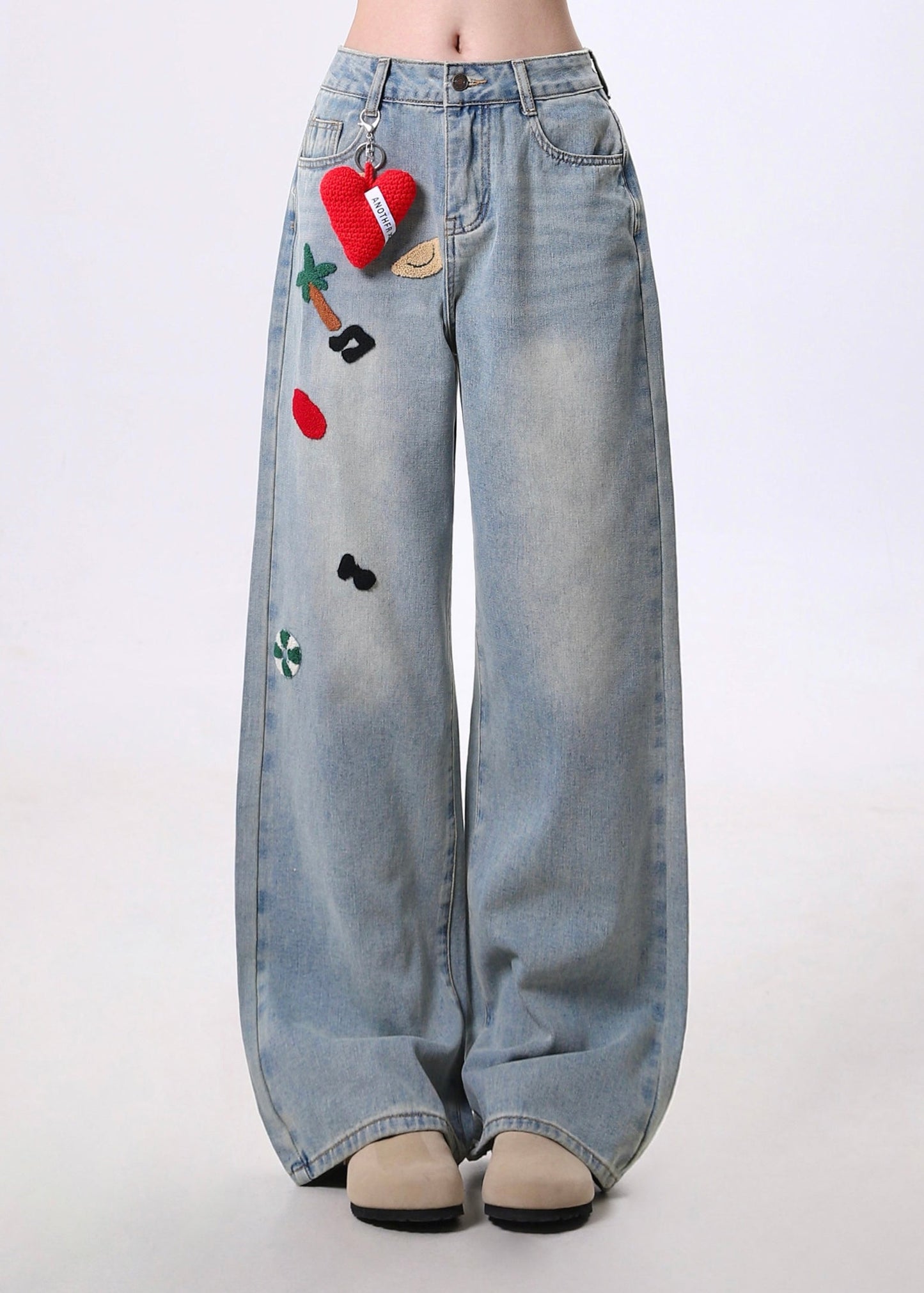 Pantalon en jean bleu à poches brodées pour femme, printemps - Urbann-Vibe