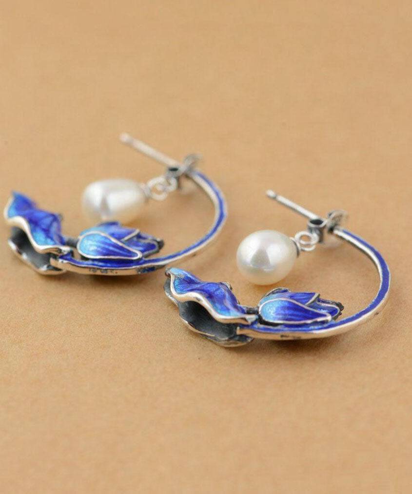 Boucles d'oreilles créoles en argent sterling bleu avec perles cloisonnées et lotus pour femmes - Urbann-Vibe