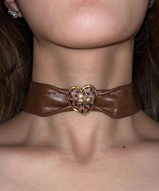 Collier ras du cou en cuir et alliage d'argent sterling marron pour femme - Urbann-Vibe