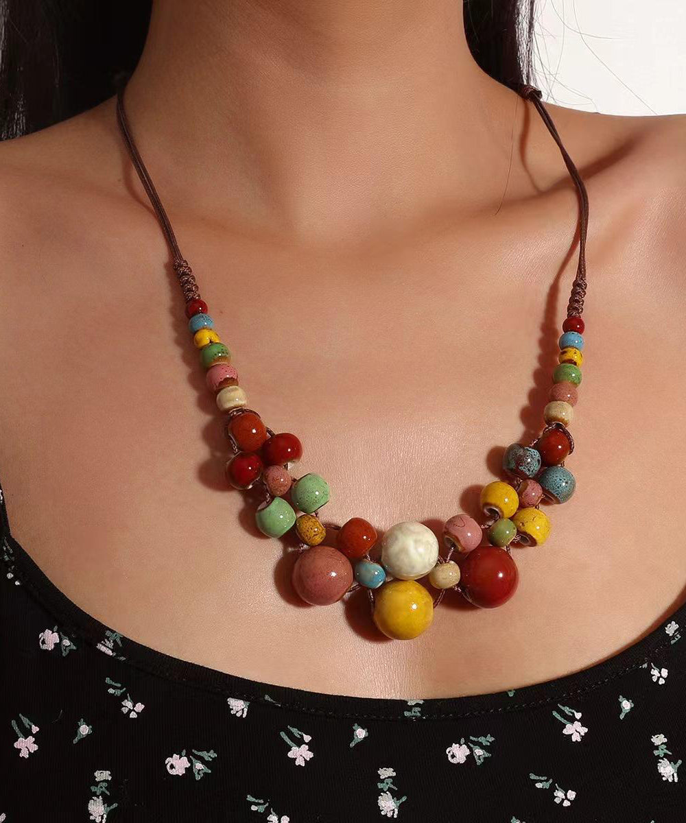 Collier de perles graduées en céramique tressée marron pour femme - Urbann-Vibe