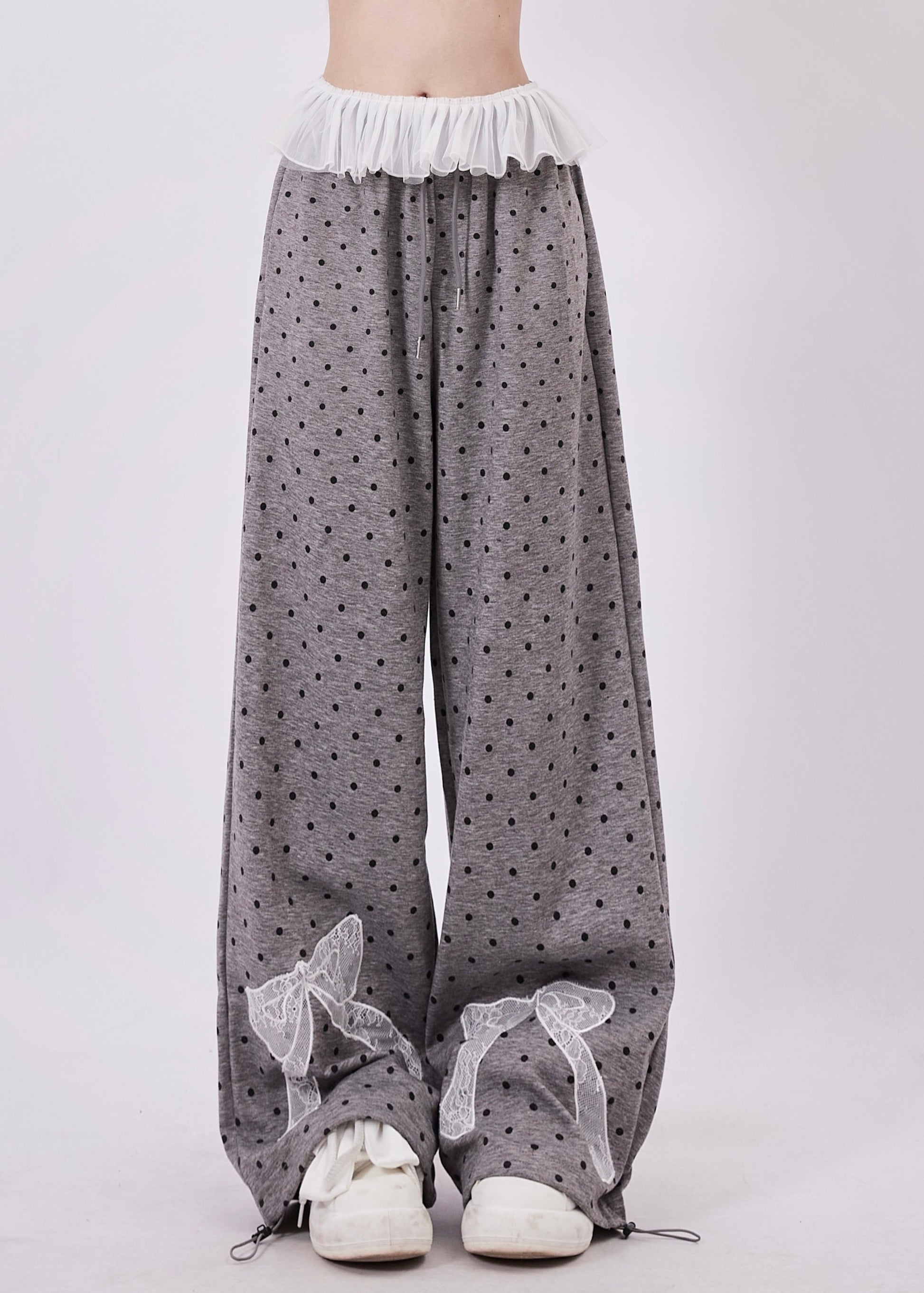 Pantalon large en coton à pois gris pour femme, avec nœud en dentelle et patchwork, printemps - Urbann-Vibe