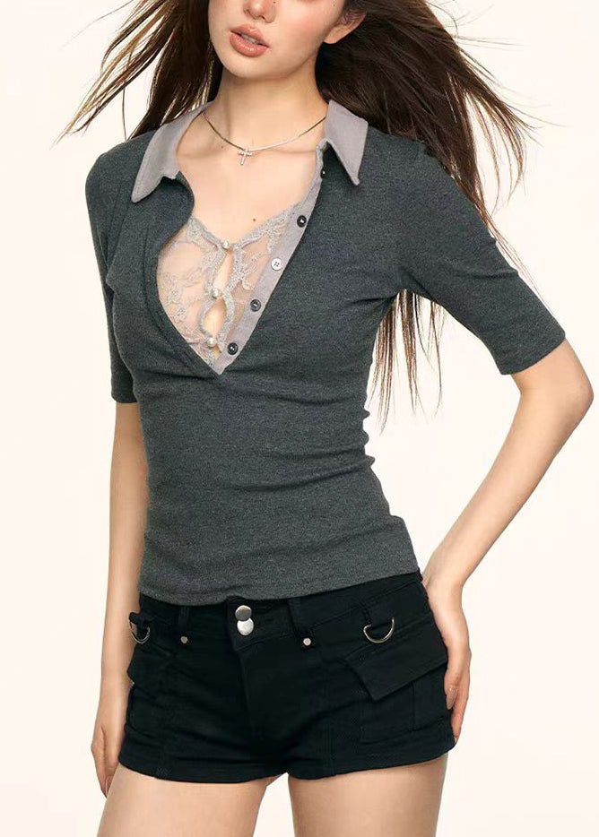 T-shirt d'été en coton gris à empiècements de dentelle pour femme - Urbann-Vibe