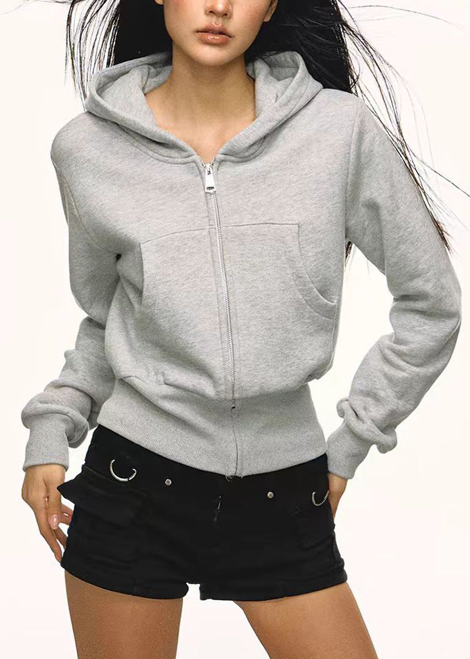 Sweat à capuche gris à poches zippées pour femme, en coton décontracté, idéal pour l'automne - Urbann-Vibe