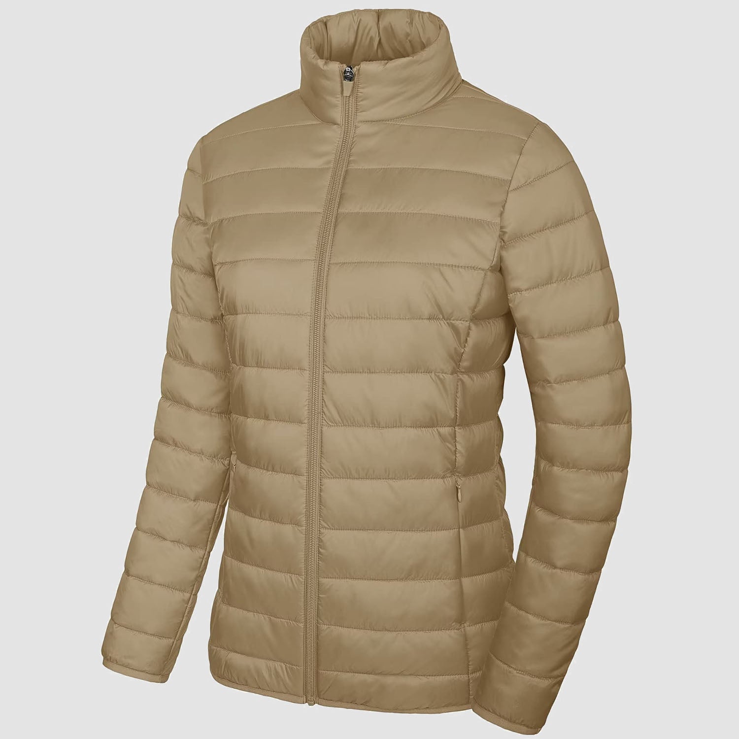 Women's lightweight quilted puffer jacket full-zip windproof nylon shell with secure pockets