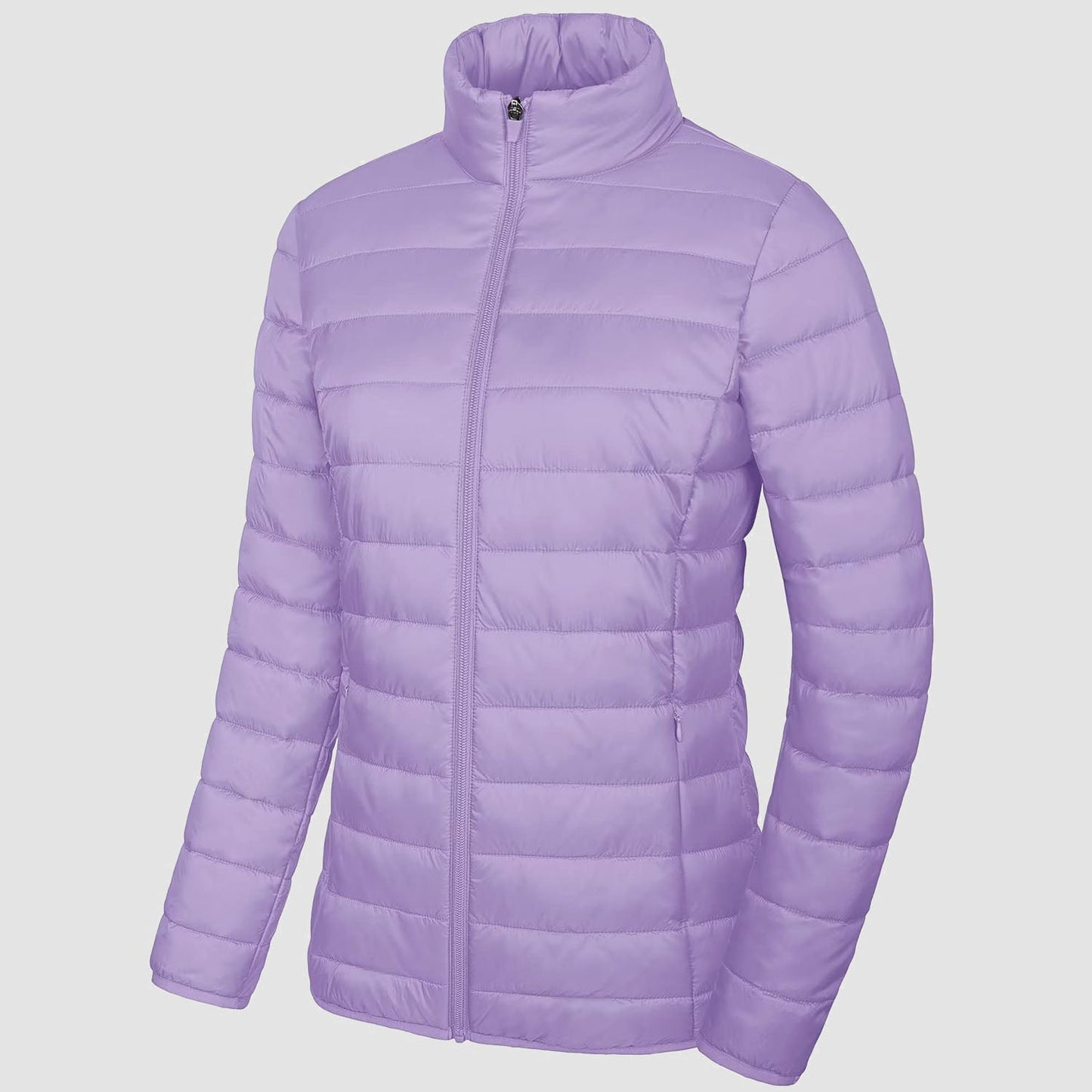 Women's lightweight quilted puffer jacket full-zip windproof nylon with secure pockets