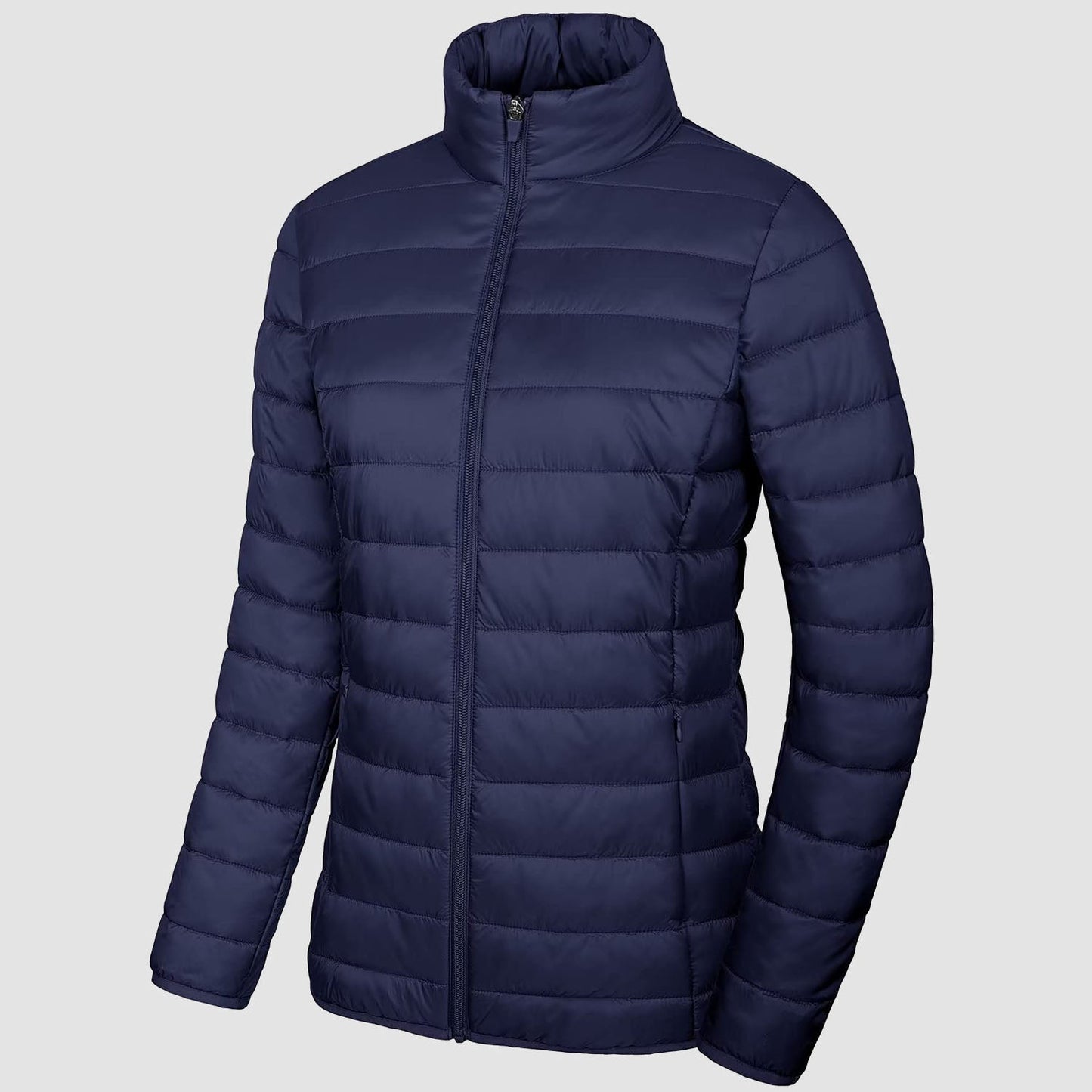 Women's lightweight quilted puffer jacket full-zip windproof nylon with secure pockets