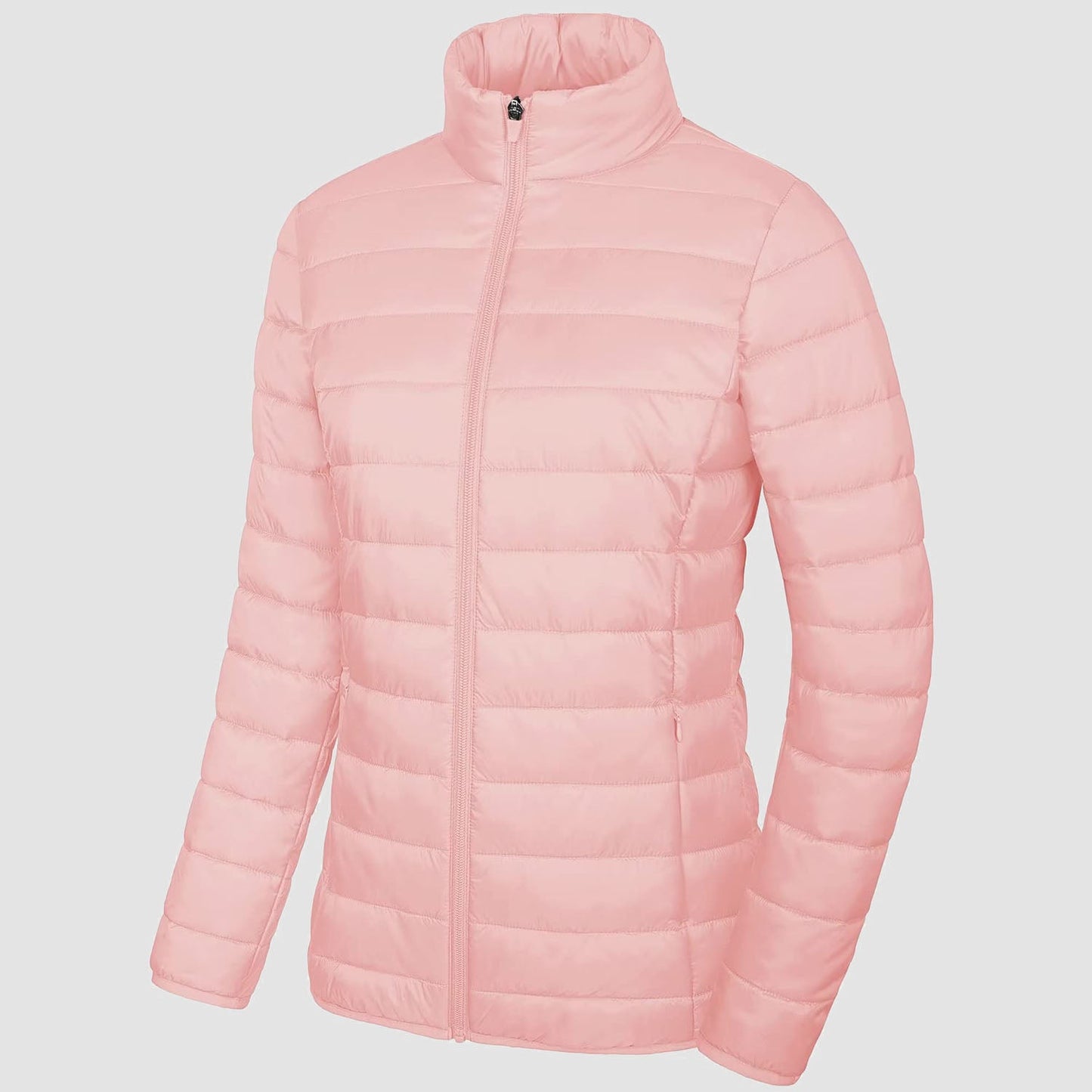 Women's lightweight quilted puffer jacket full-zip windproof nylon shell with secure pockets