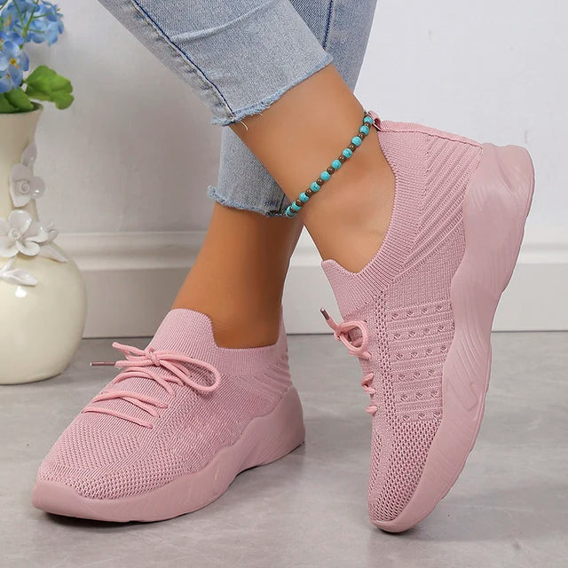 Women's lightweight slip-on knit sneakers with adjustable laces, breathable upper for everyday comfort