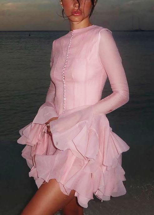 Robe courte rose à simple boutonnage et manches évasées pour femme - Urbann-Vibe