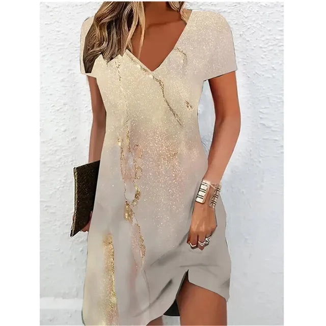 Beige glitter cocktail dress with elegant silhouette and subtle sparkle for festive occasions