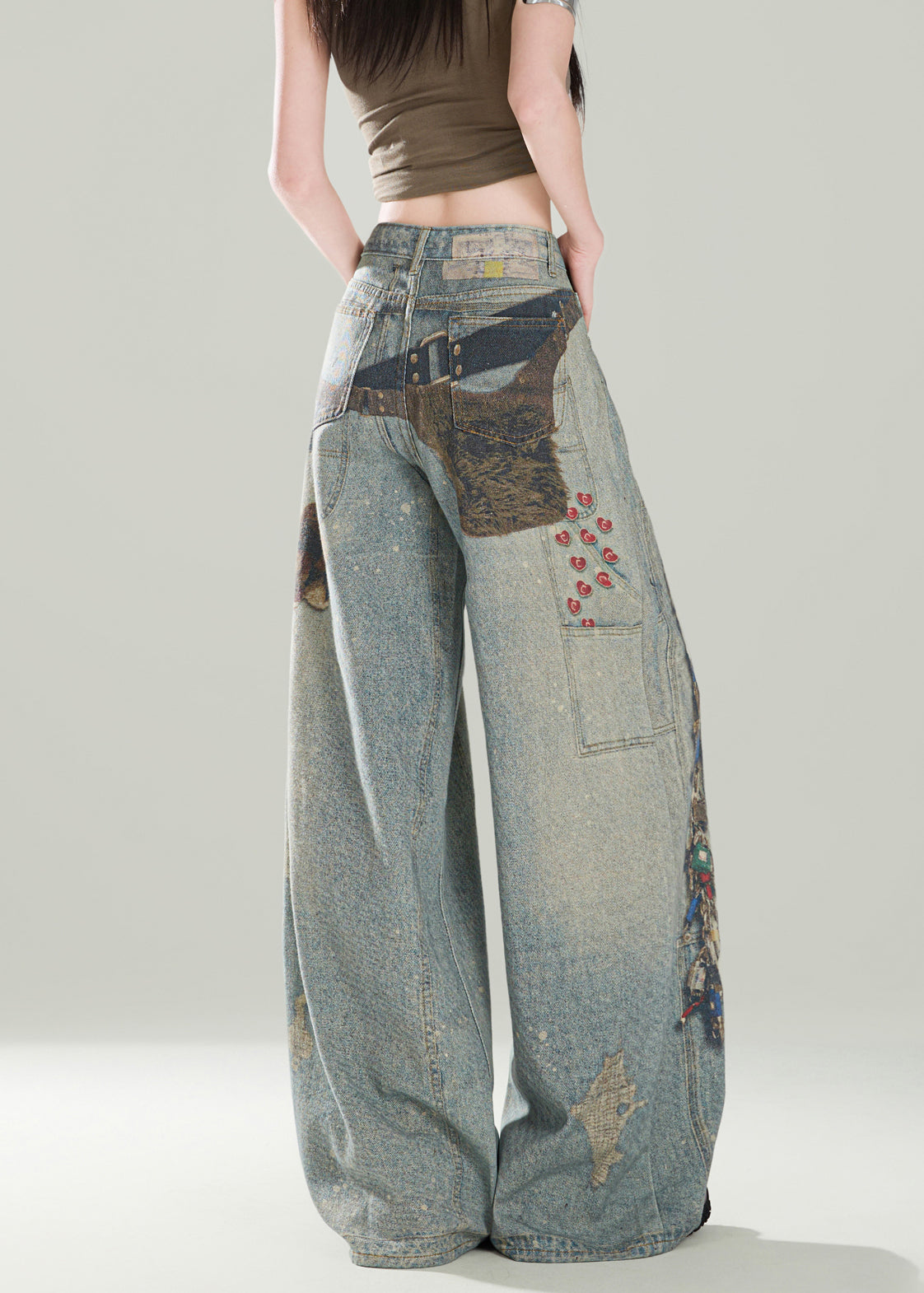 Pantalon large en denim bleu élégant avec poches imprimées pour femme, automne - Urbann-Vibe
