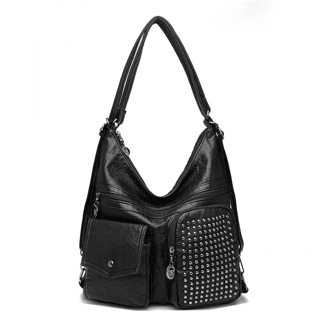 Vintage brown PU leather studded backpack with multiple pockets and compact retro-inspired design