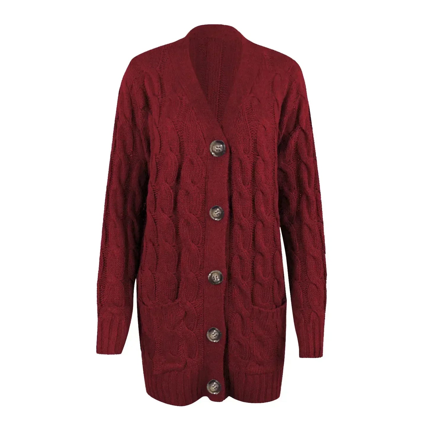 Women's cable knit button cardigan in cozy acrylic, hip-length silhouette with front pockets