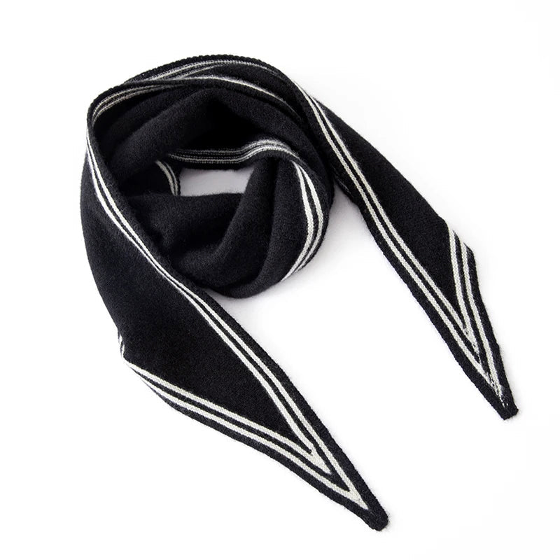 Women's beige cashmere knit scarf with contrast stripe trim and elongated slim silhouette